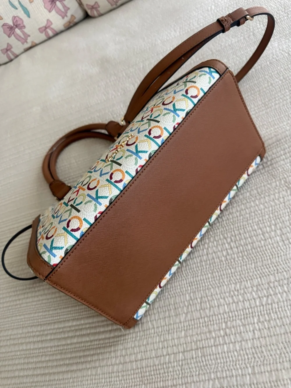 Calvin Klein Multicolor Logo Canvas Satchel with Brown Trim